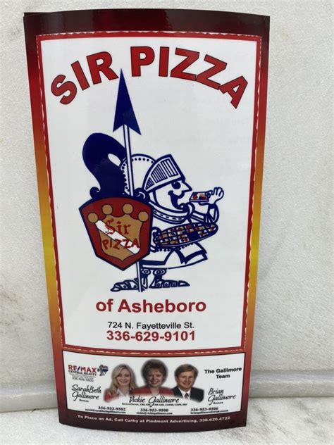 Sir pizza asheboro - Popular Sir Pizza Coupon Codes. Deal. [Franklin Park] Happy Hour: 1/2 Off Drafts, $1 Off Bottled Beer and Wine By the Glass, Monday to Friday 4-6pm. Deal. [Pine Two only] Wings Wednesday: Half Off Wings and $2 Off Drafts Every Wednesday from 6-9pm, Dine-In Only. Code. Get Your Large Gourmet Pizza Only For $16.99. Deal. 